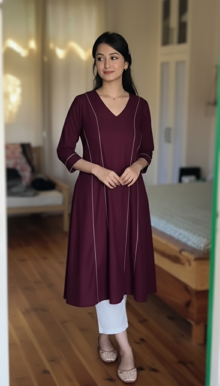 "Lavanya" - Wine Cotton A-Line Kurta Set