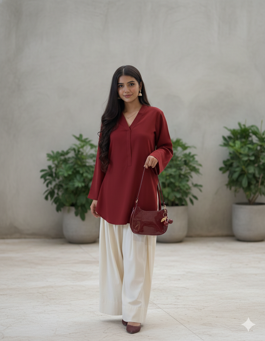 "Sia" — Crimson Red Premium Rayon Minimalist Co-ord Set