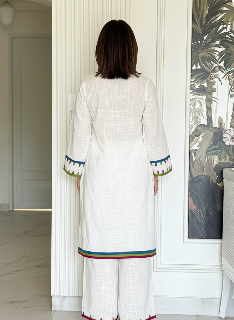 "Kinaara" - White Cotton Kurta Set with Multi-Color Trim