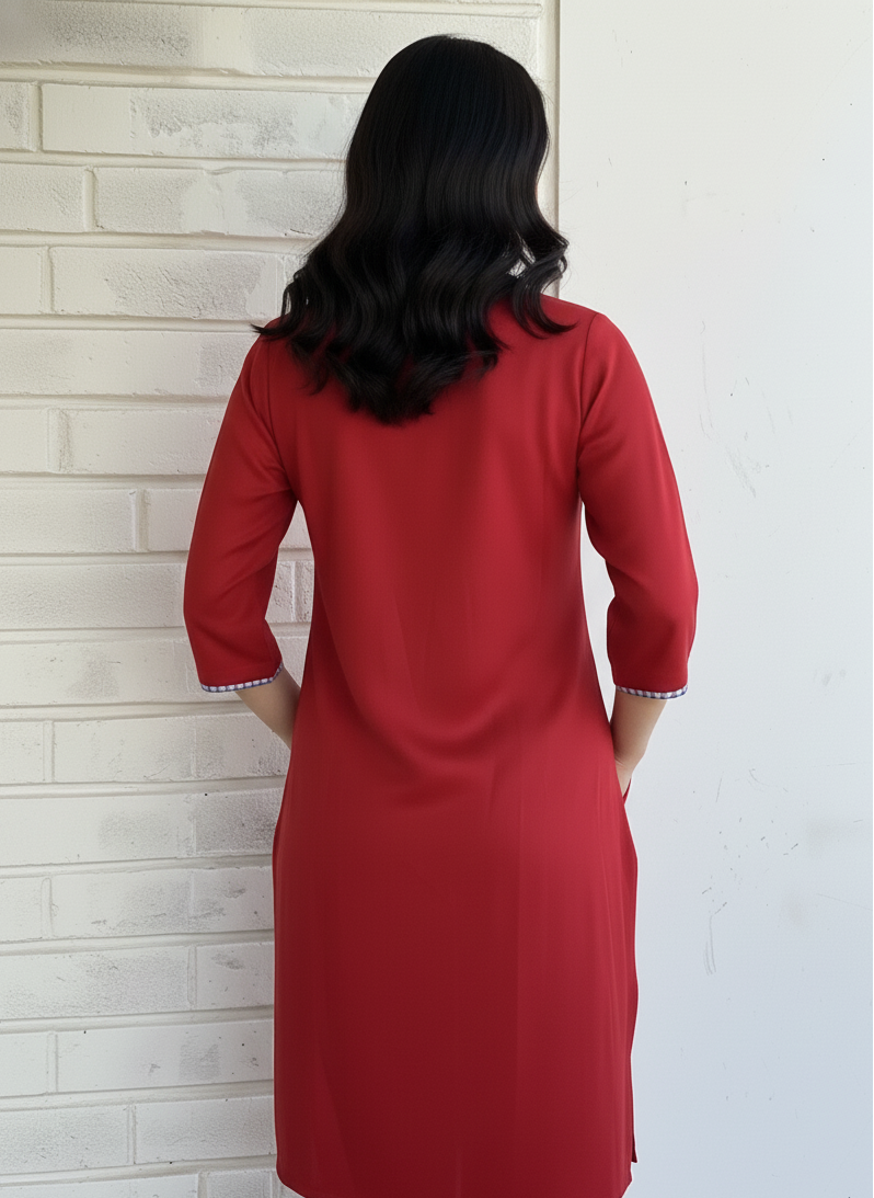 "Roshni" - Bold Red Cotton Kurta Set with Gingham Piping