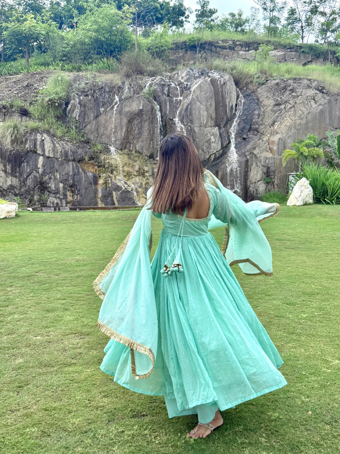 Aarvi Aqua Cotton Suit Set with Kota Doria Dupatta