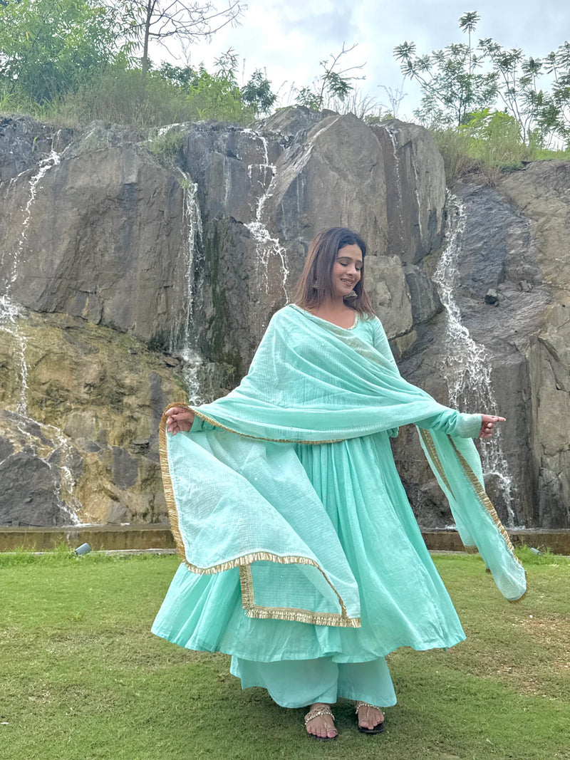 Aarvi Aqua Cotton Suit Set with Kota Doria Dupatta