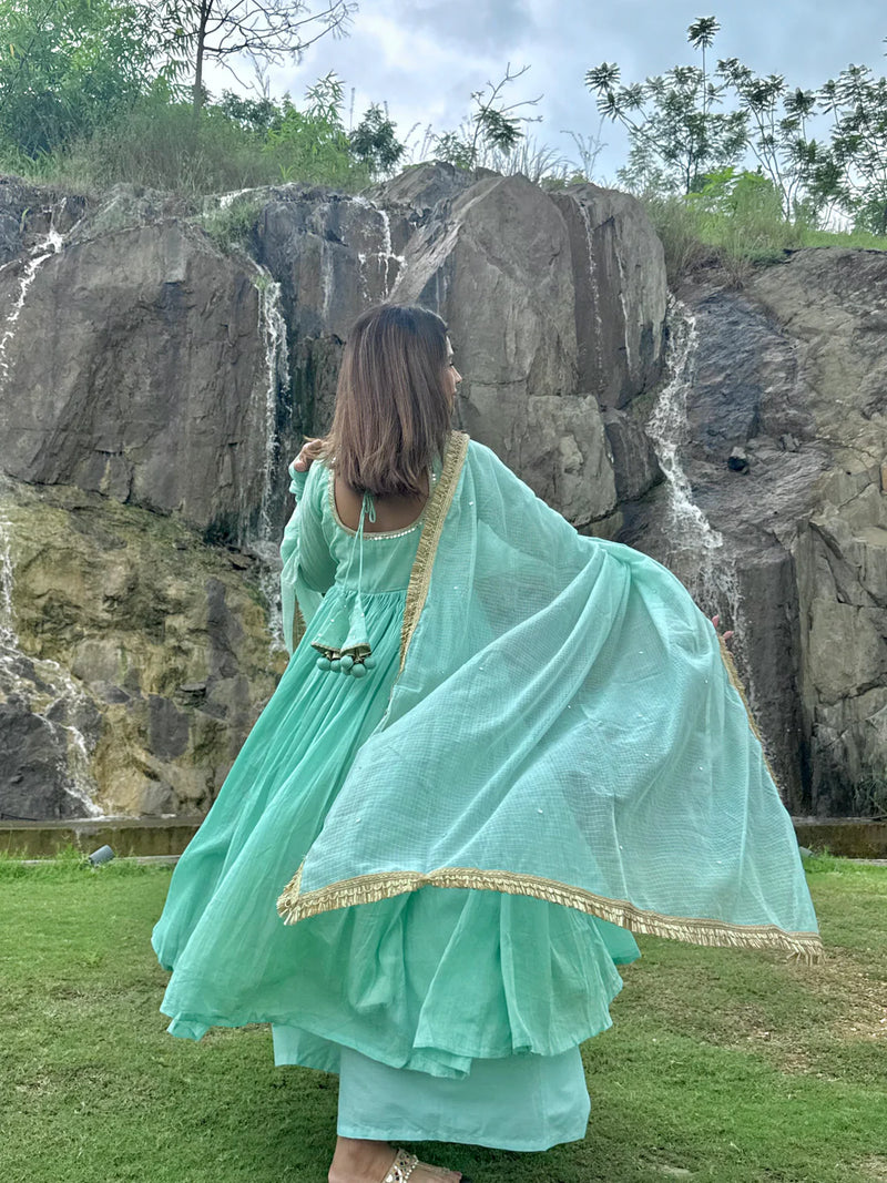 Aarvi Aqua Cotton Suit Set with Kota Doria Dupatta