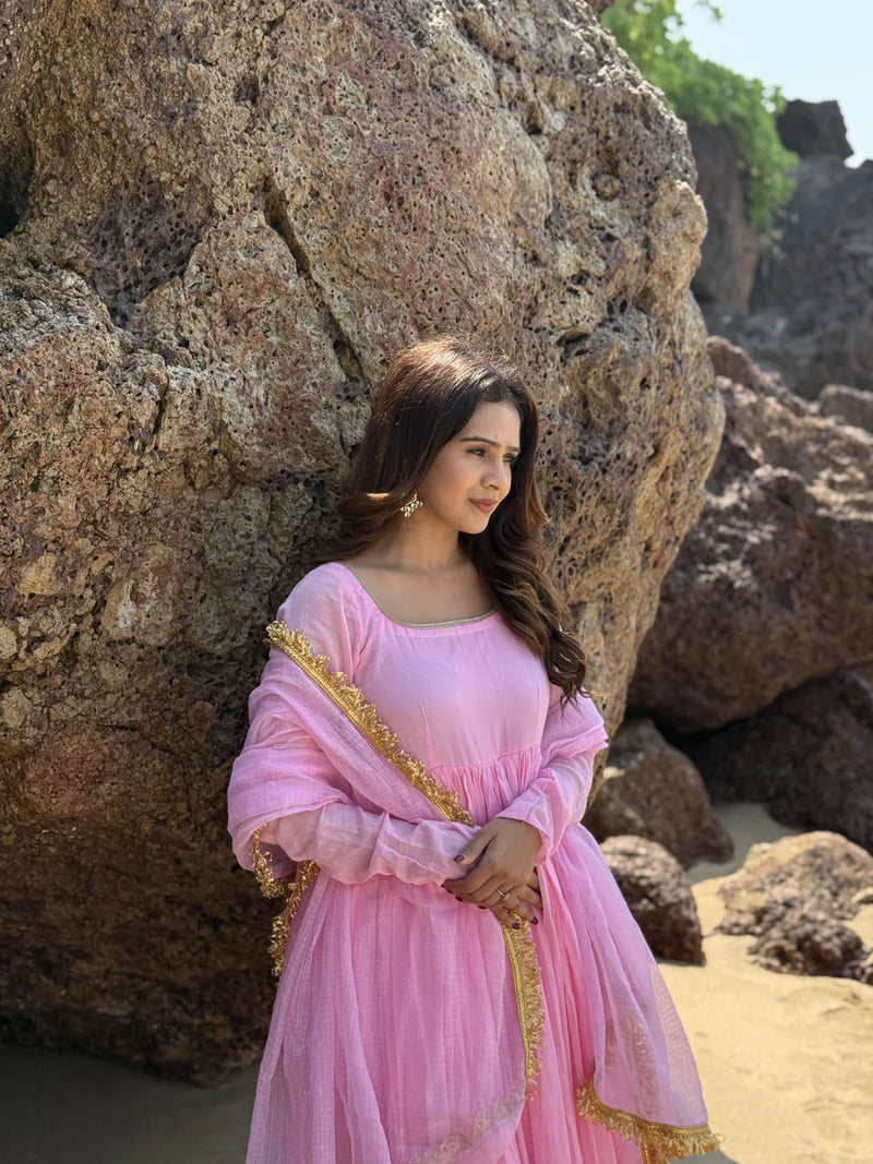 Anvi Baby Pink Cotton Lined Kurta & Palazzo Set with Kota Doria Dupatta
