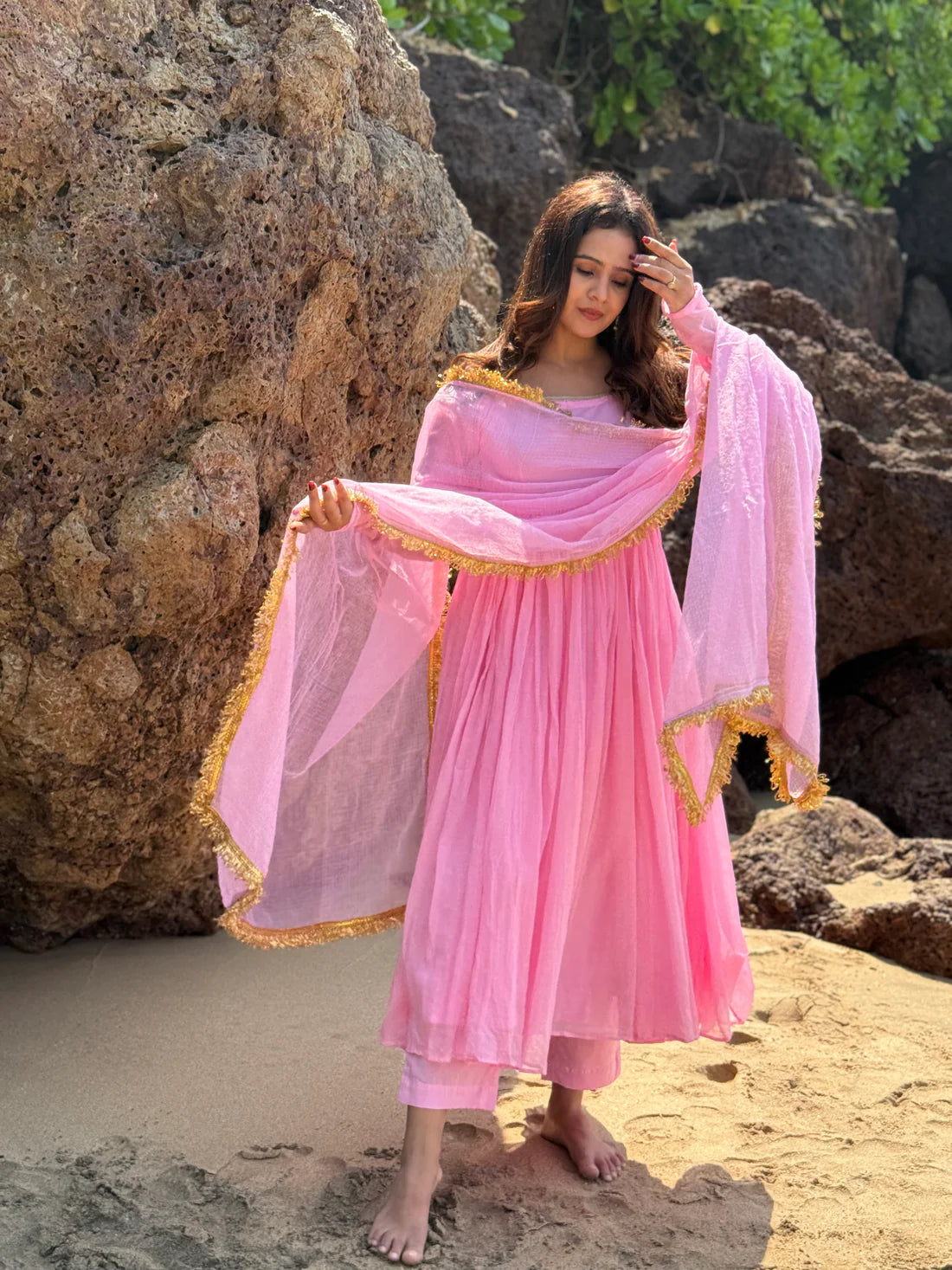 Anvi Baby Pink Cotton Lined Kurta & Palazzo Set with Kota Doria Dupatta