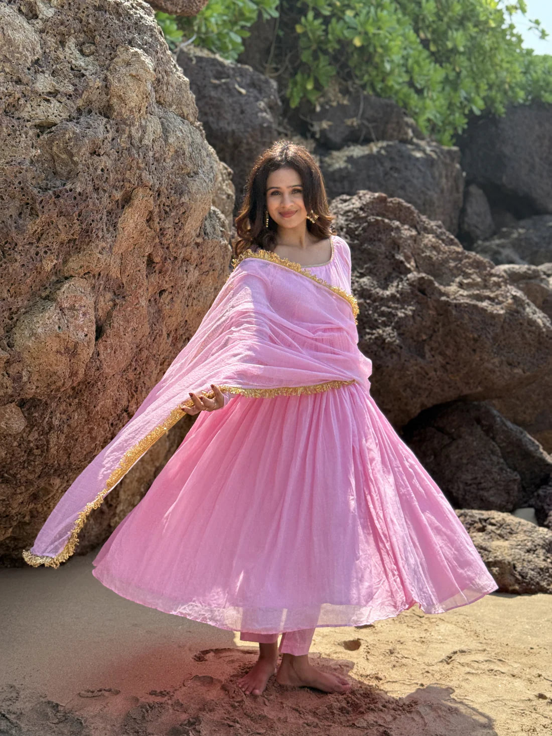 Anvi Baby Pink Cotton Lined Kurta & Palazzo Set with Kota Doria Dupatta