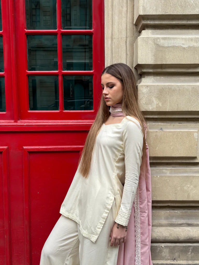 "Ruhani" – Cream Premium Rayon Co-ord Set with Lace-Edged Pink Dupatta