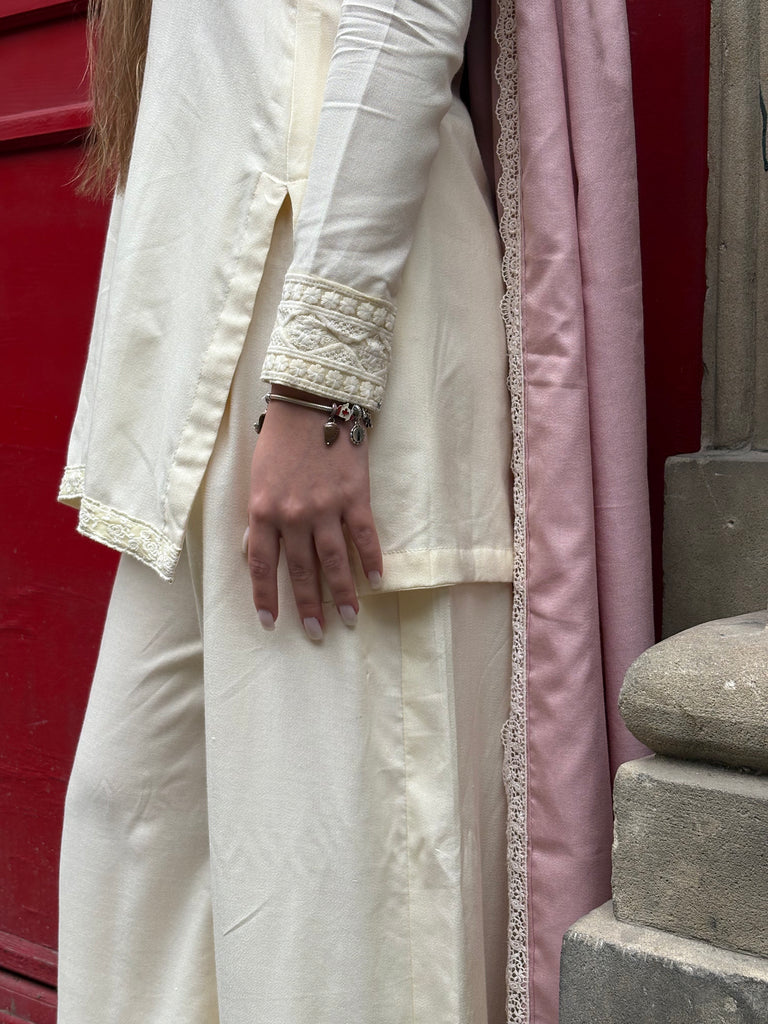 "Ruhani" – Cream Premium Rayon Co-ord Set with Lace-Edged Pink Dupatta