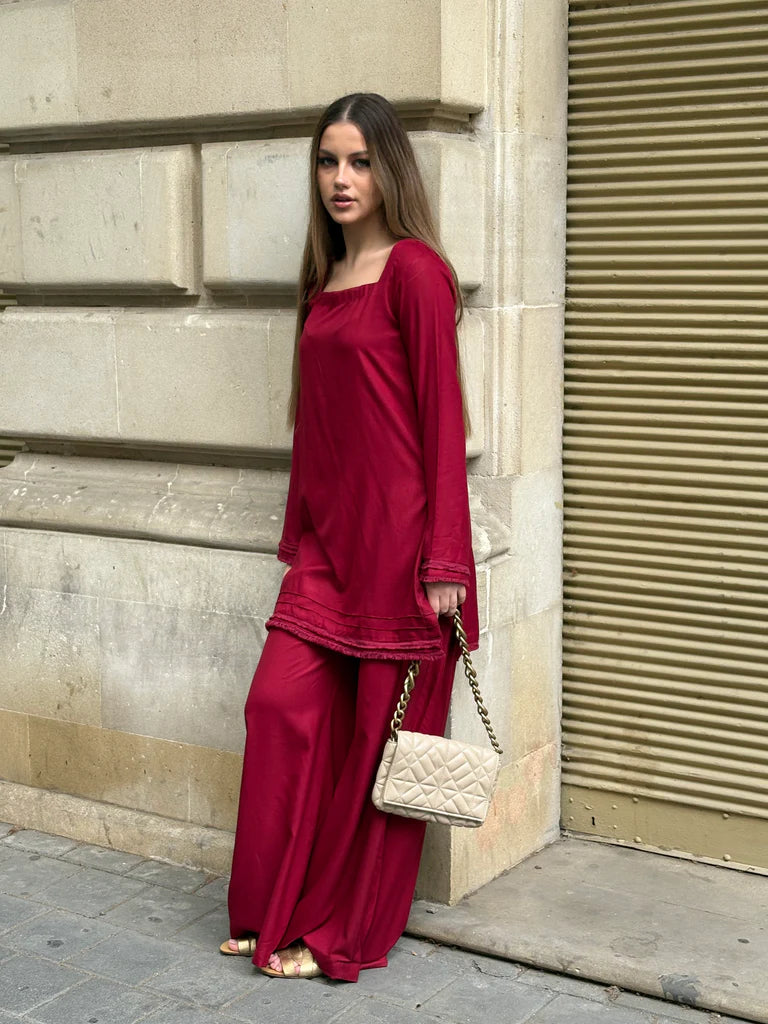 "Ruby" – Deep Red Premium Rayon Co-ord Set with Ivory Contrast Dupatta