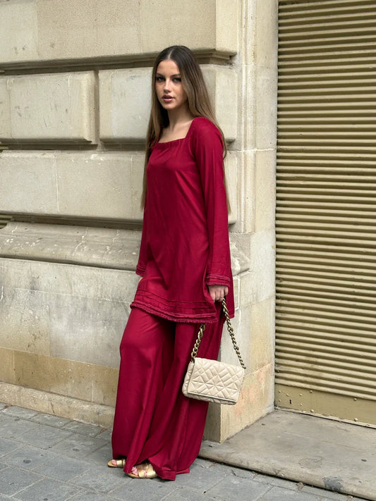 "Ruby" – Deep Red Premium Rayon Co-ord Set with Ivory Contrast Dupatta