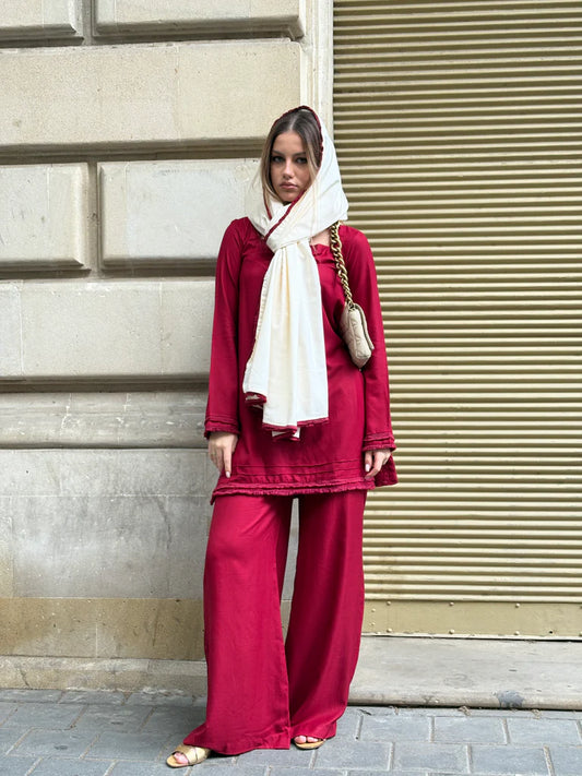 "Ruby" – Deep Red Premium Rayon Co-ord Set with Ivory Contrast Dupatta