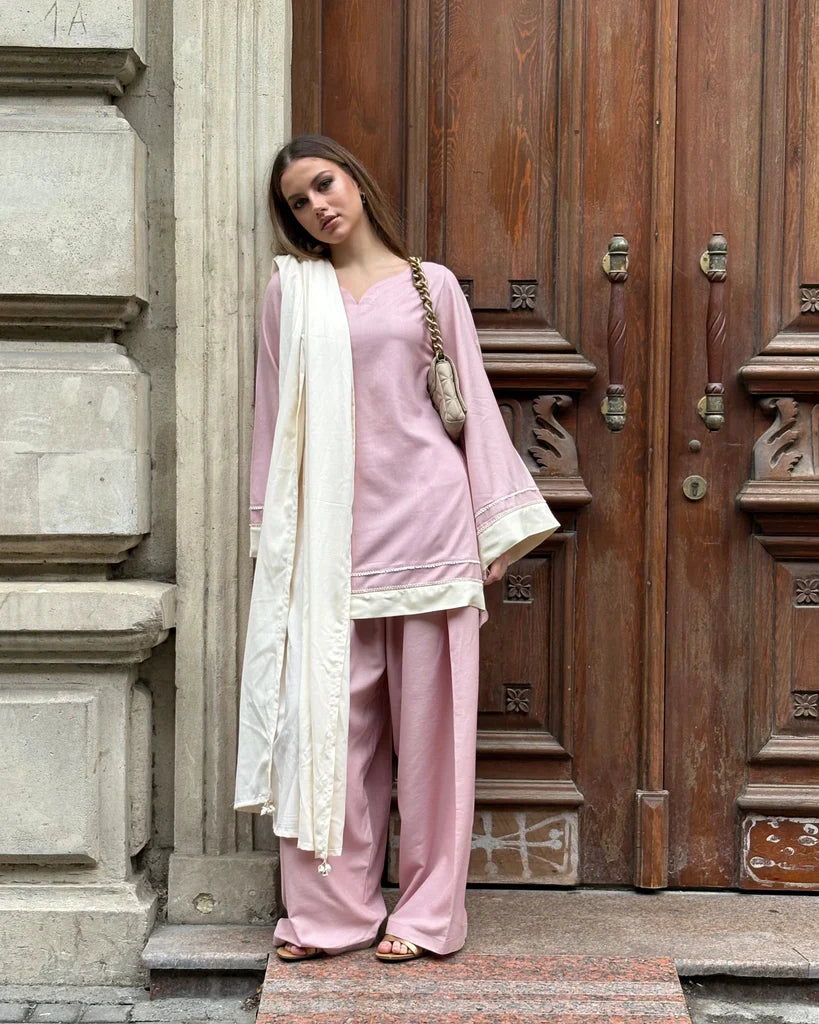 "Gulab" – Mauve Pink Premium Rayon Co-ord Set with Cream Lace Details