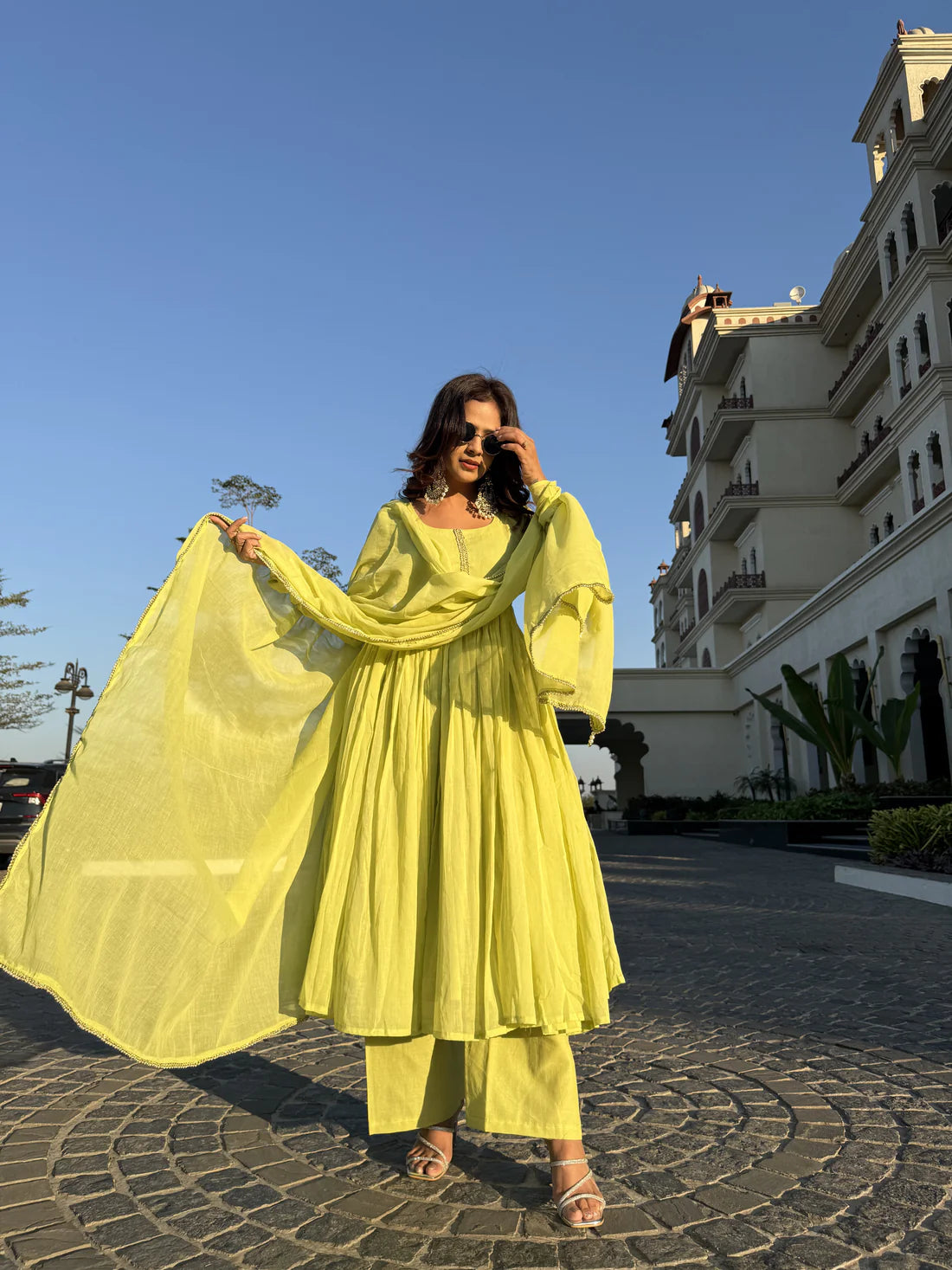 Ishya Lemon Yellow Cotton Lined Kurta & Palazzo Set with Kota Doria Dupatta