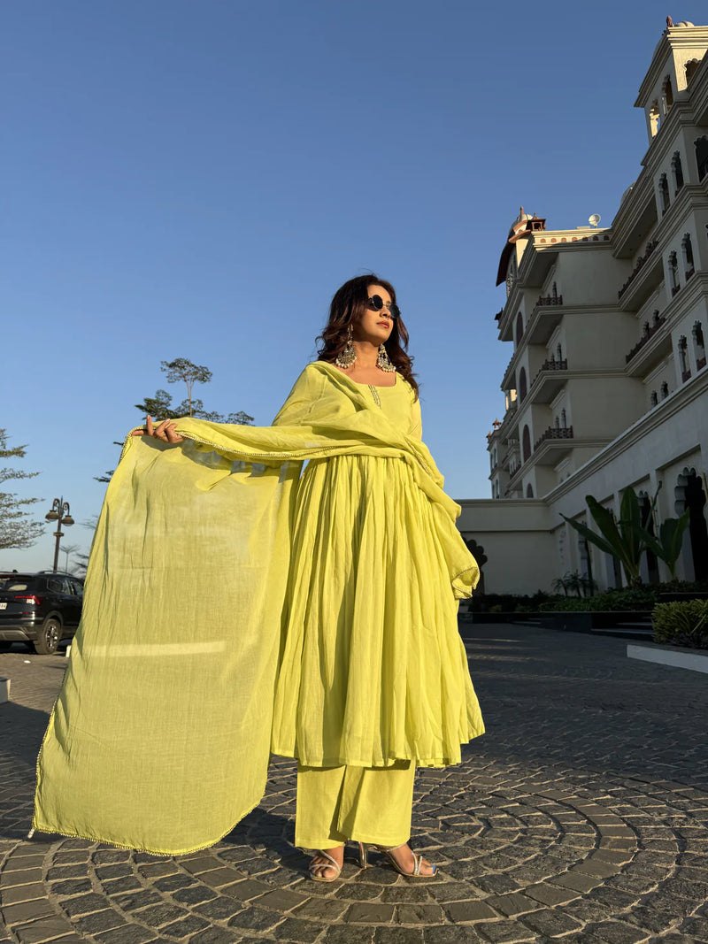 Ishya Lemon Yellow Cotton Lined Kurta & Palazzo Set with Kota Doria Dupatta