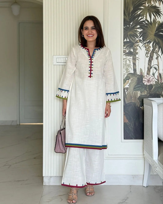 "Kinaara" - White Cotton Kurta Set with Multi-Color Trim