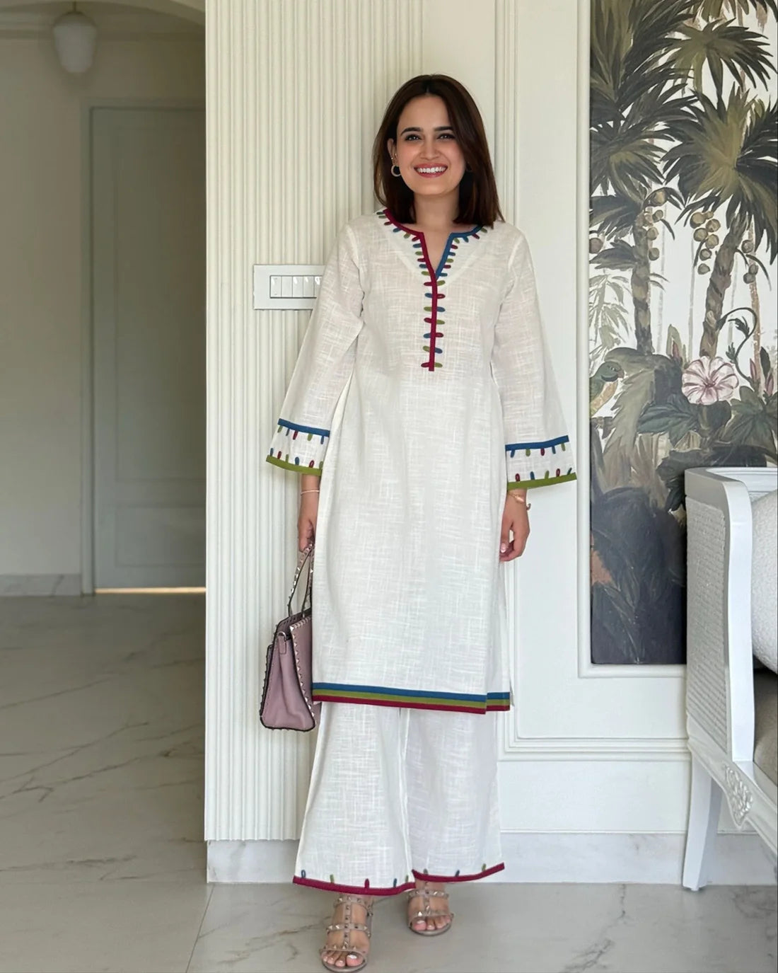 "Kinaara" - White Cotton Kurta Set with Multi-Color Trim