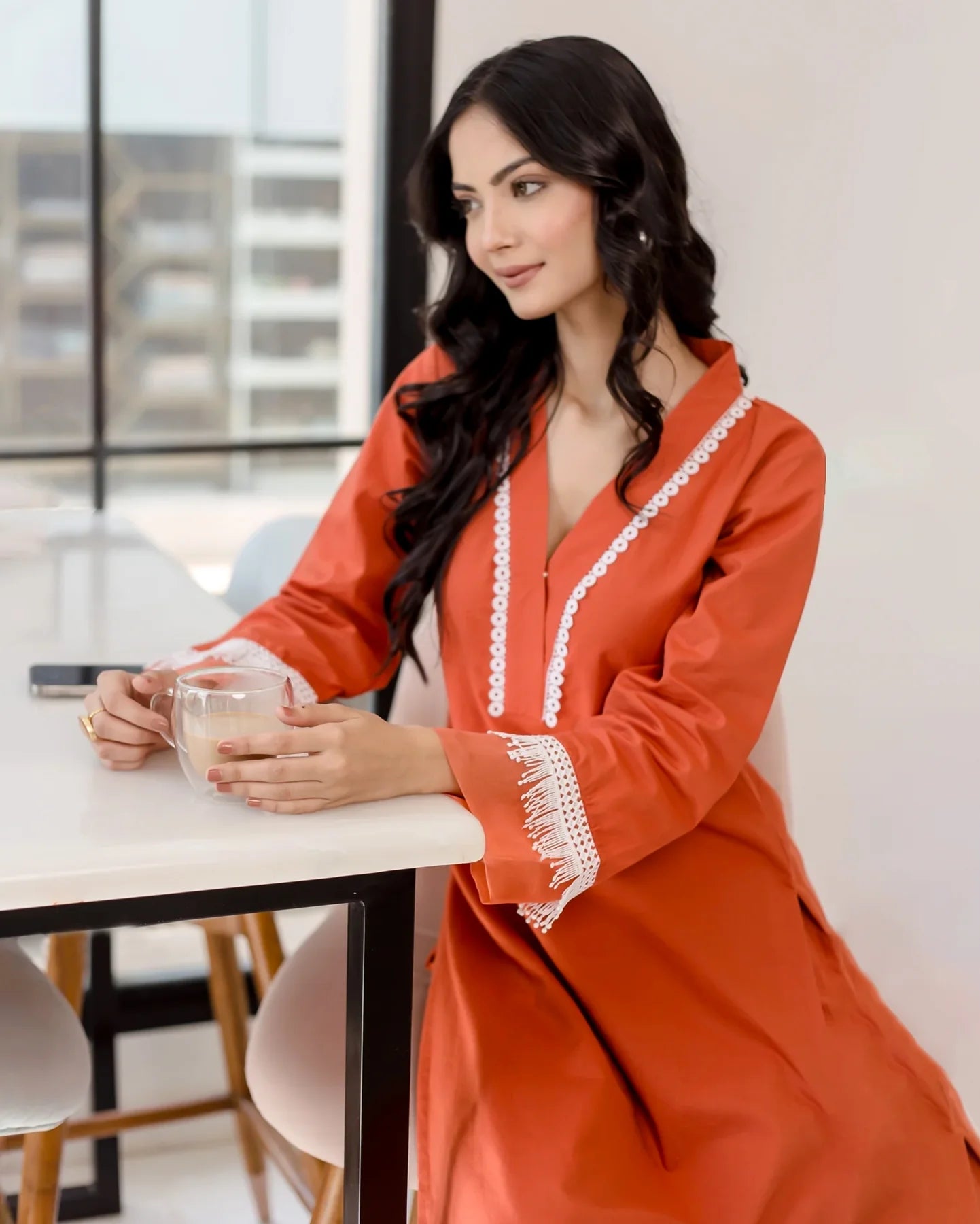 Ruhani Rust Cotton Kurta Pant Set with Delicate Lace Accents