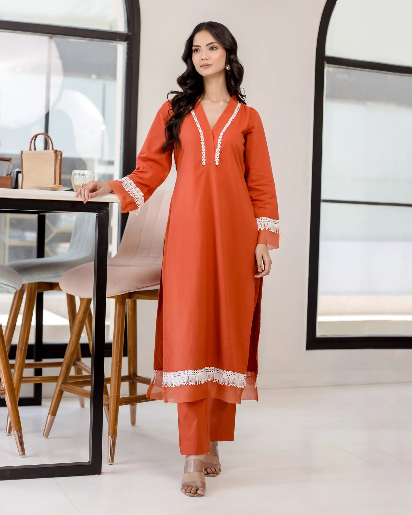 Ruhani Rust Cotton Kurta Pant Set with Delicate Lace Accents