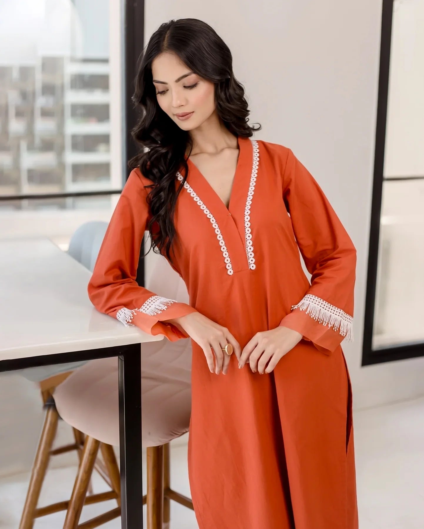 Ruhani Rust Cotton Kurta Pant Set with Delicate Lace Accents