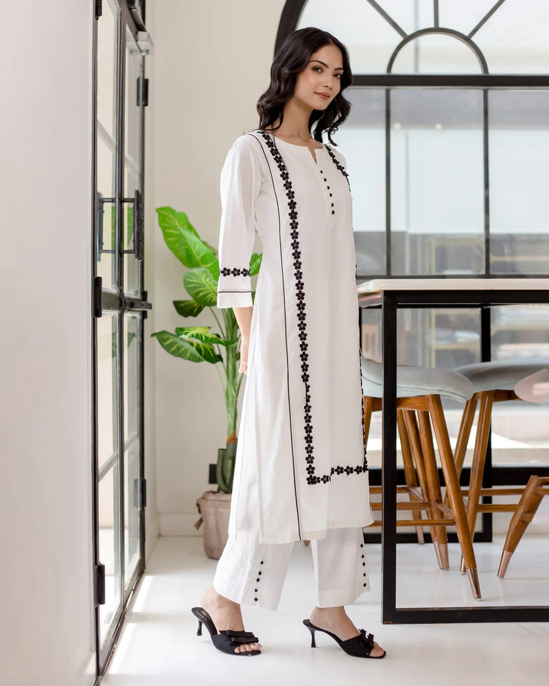 Shvetra White Cotton Flex Kurta Pant Set with Black Thread Accents