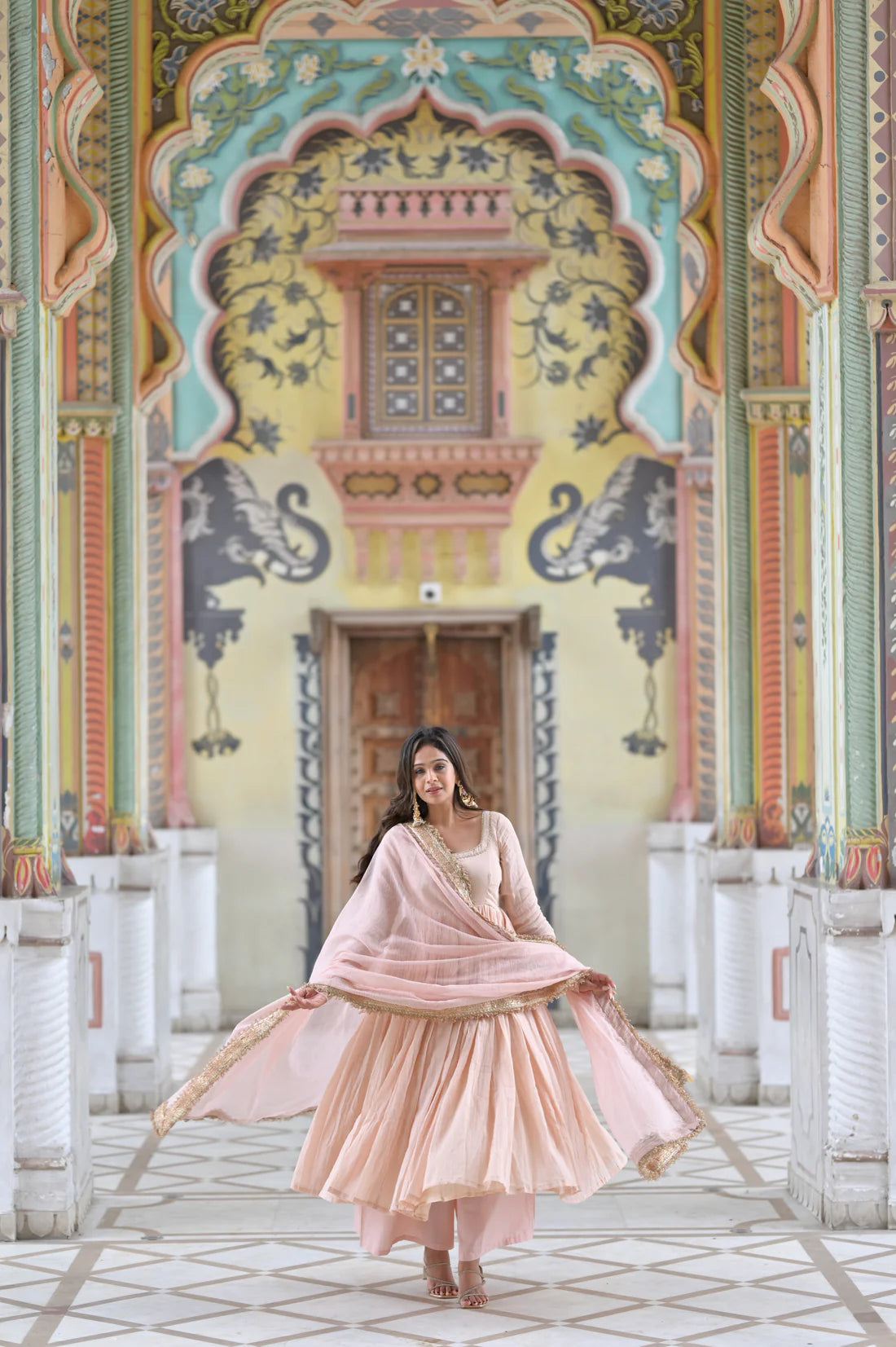 Noor Blush Pink Cotton Lined Kurta & Flared Palazzo Set with Kota Doria Dupatta