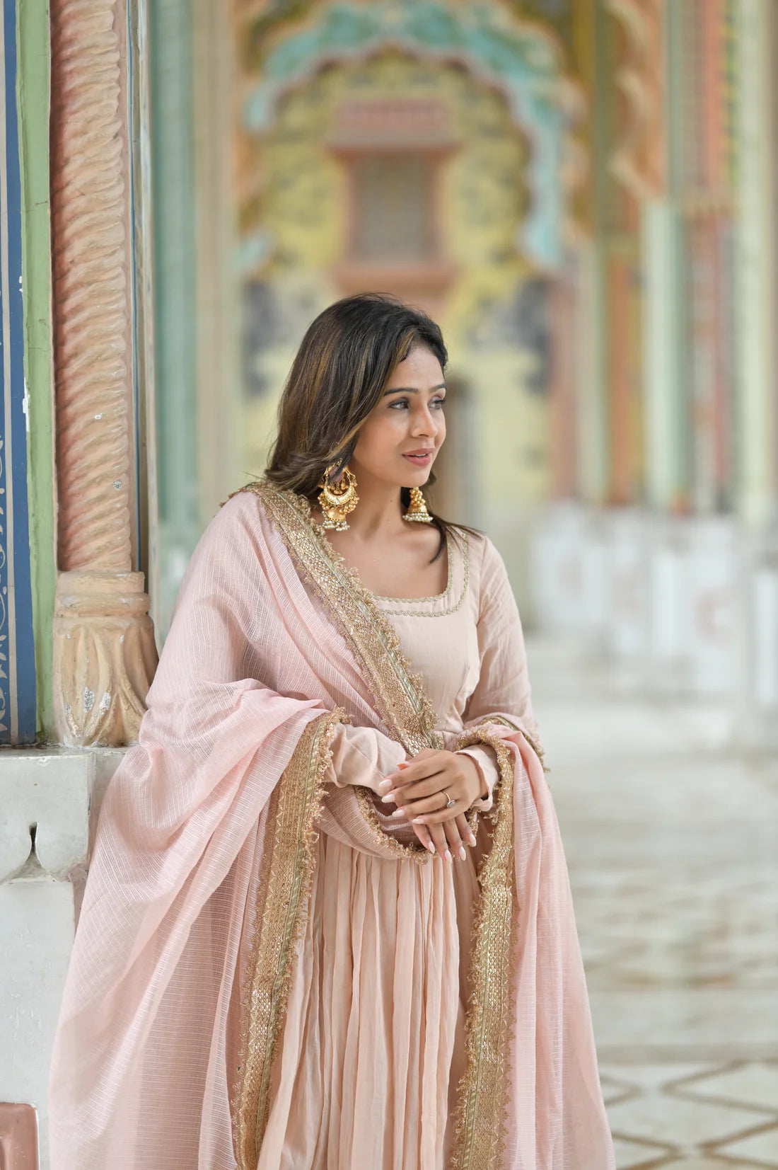 Noor Blush Pink Cotton Lined Kurta & Flared Palazzo Set with Kota Doria Dupatta