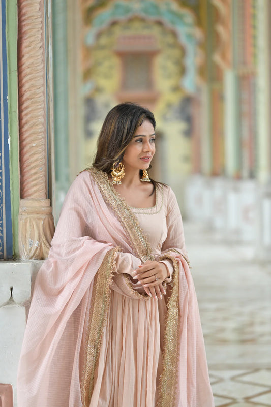 Noor Blush Pink Cotton Lined Kurta & Flared Palazzo Set with Kota Doria Dupatta