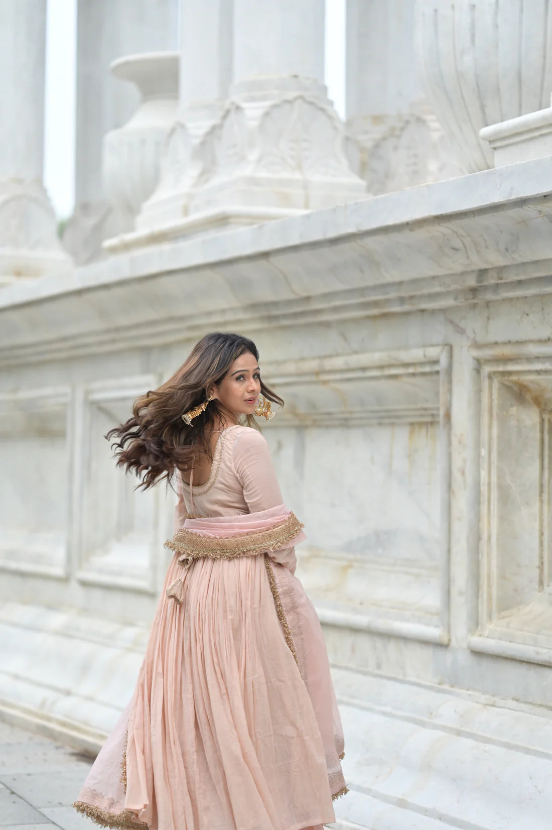 Noor Blush Pink Cotton Lined Kurta & Flared Palazzo Set with Kota Doria Dupatta