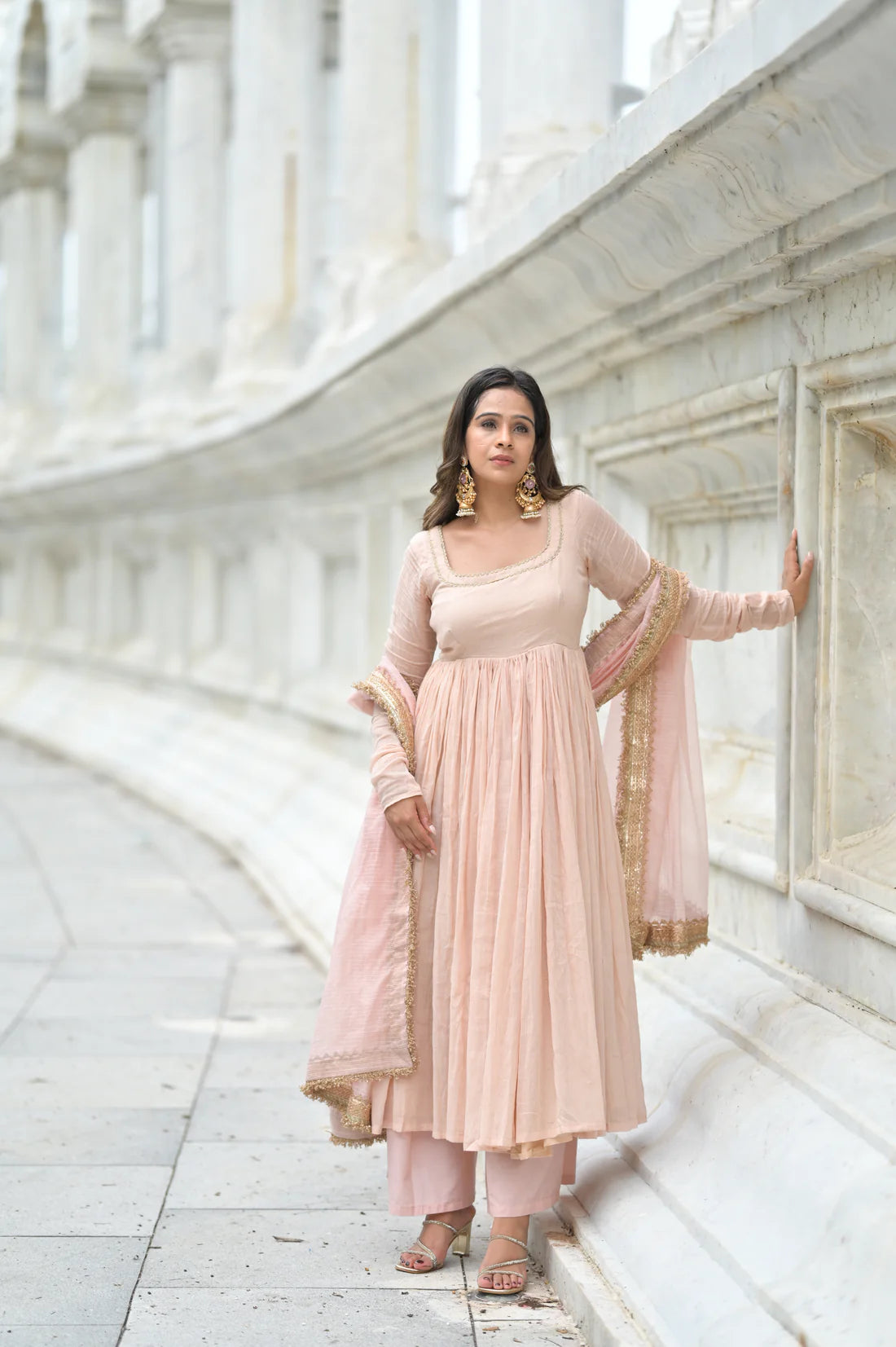 Noor Blush Pink Cotton Lined Kurta & Flared Palazzo Set with Kota Doria Dupatta
