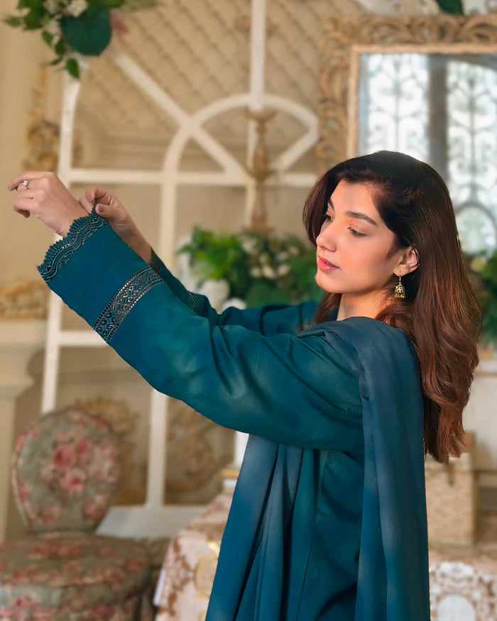 "Aynat" - Lawn Dobby Breathable Suit Set with Chiffon Dupatta