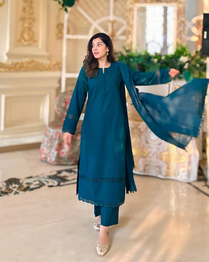 "Aynat" - Lawn Dobby Breathable Suit Set with Chiffon Dupatta