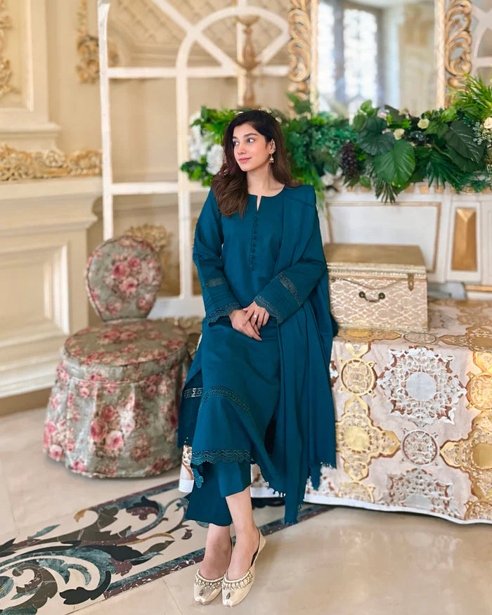 "Aynat" - Lawn Dobby Breathable Suit Set with Chiffon Dupatta