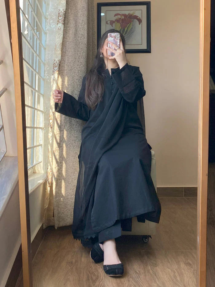 "Aynat" - Lawn Dobby Breathable Suit Set with Chiffon Dupatta