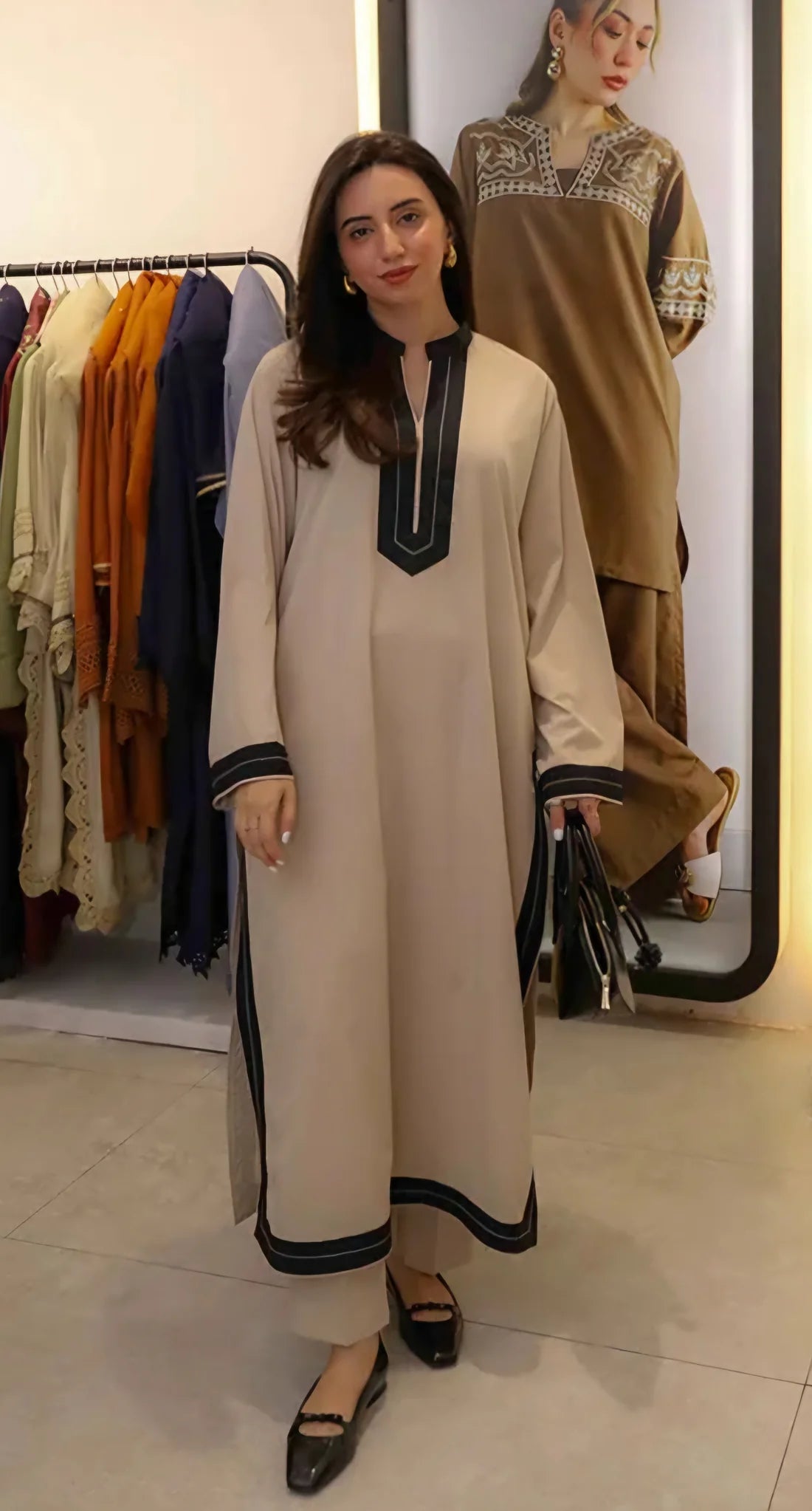 "Mehr" - Beige & Black Straight-Cut Kurta Set