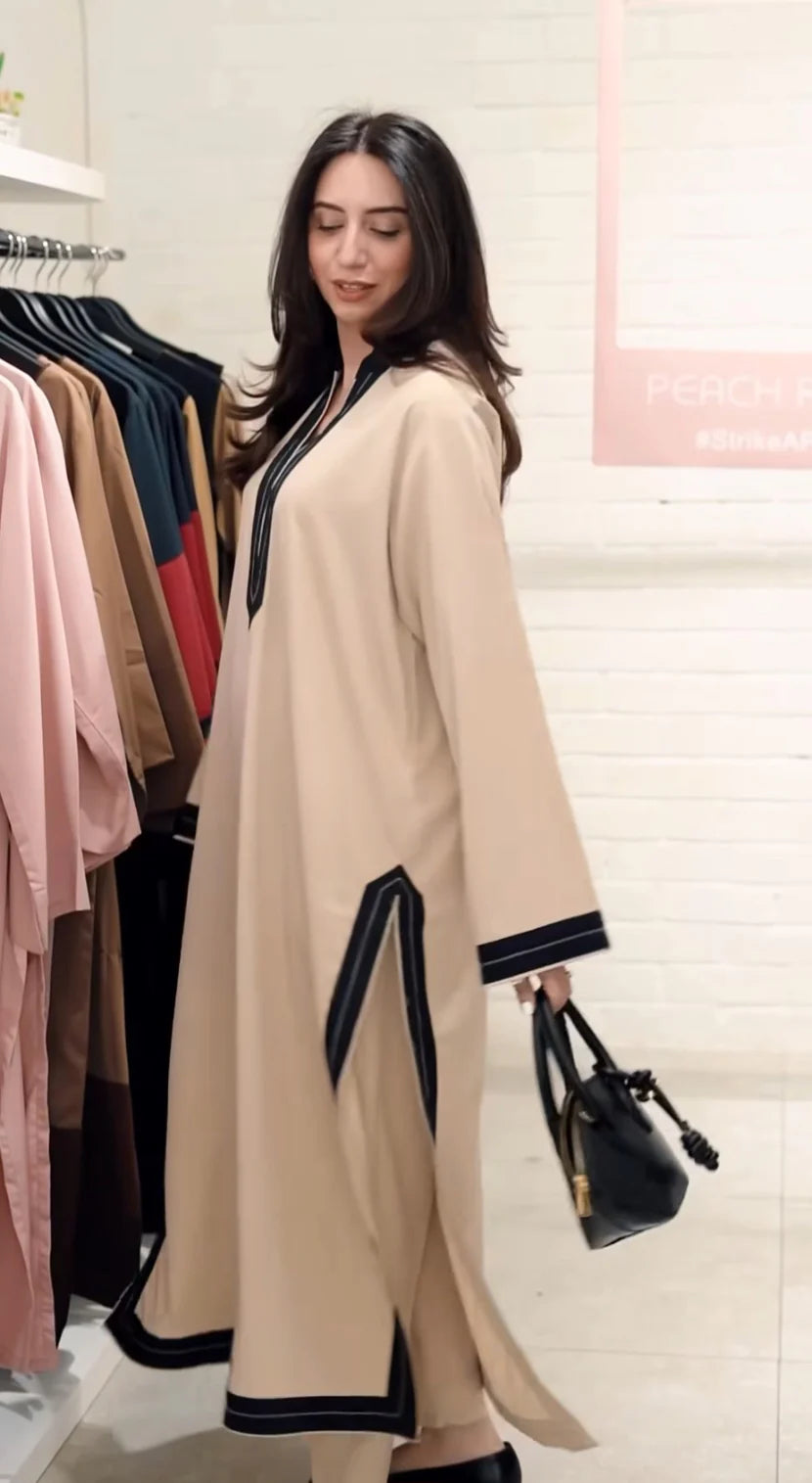 "Mehr" - Beige & Black Straight-Cut Kurta Set