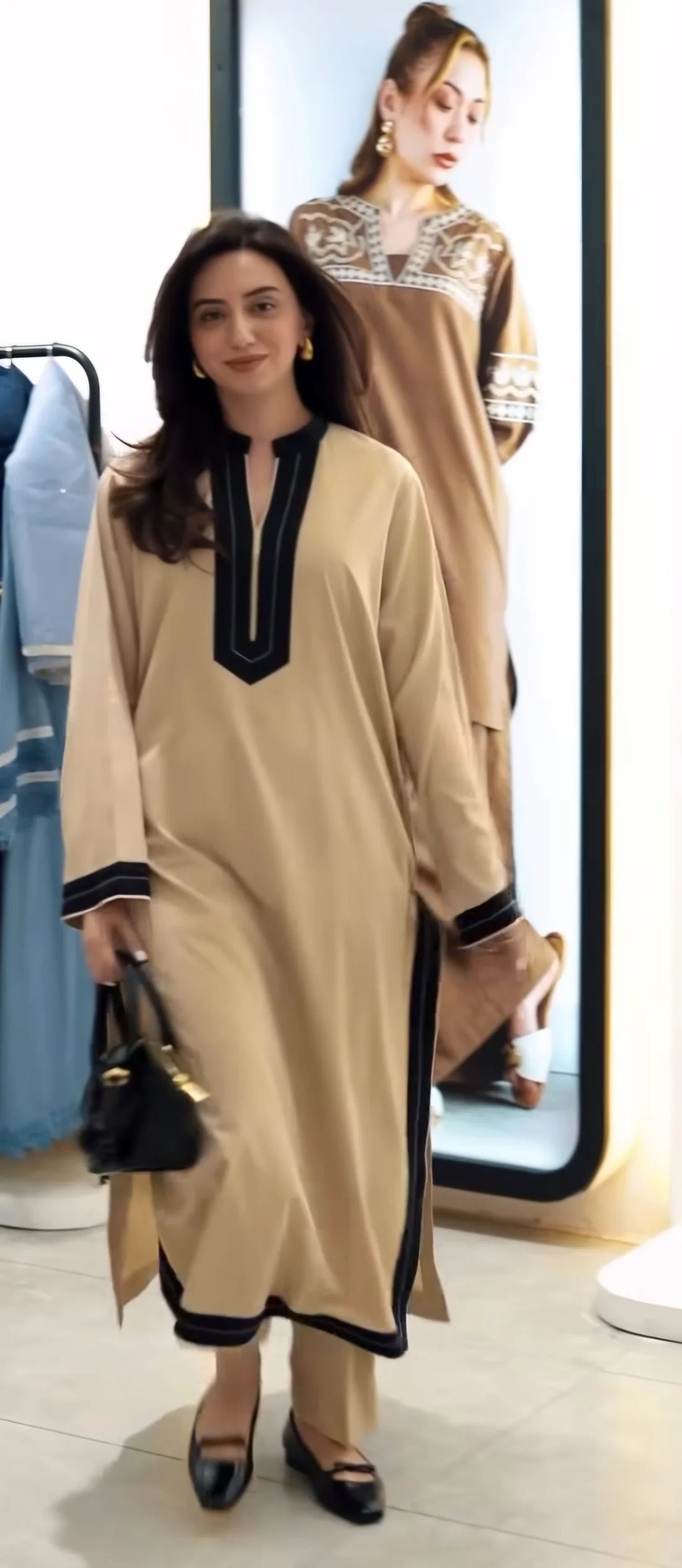 "Mehr" - Beige & Black Straight-Cut Kurta Set