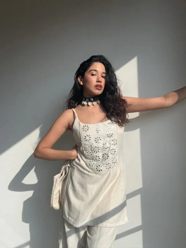 "Aina" - Ivory Breathable Cotton Mirror Work Coord Set