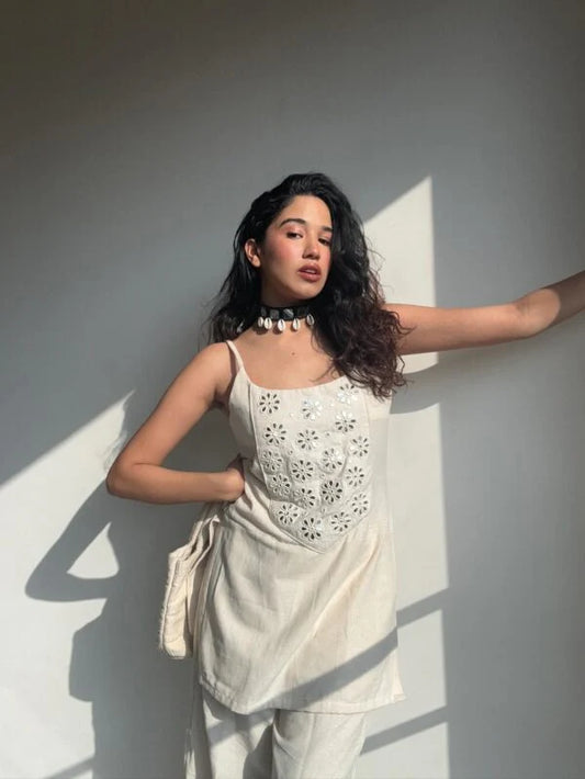 "Aina" - Ivory Breathable Cotton Mirror Work Coord Set