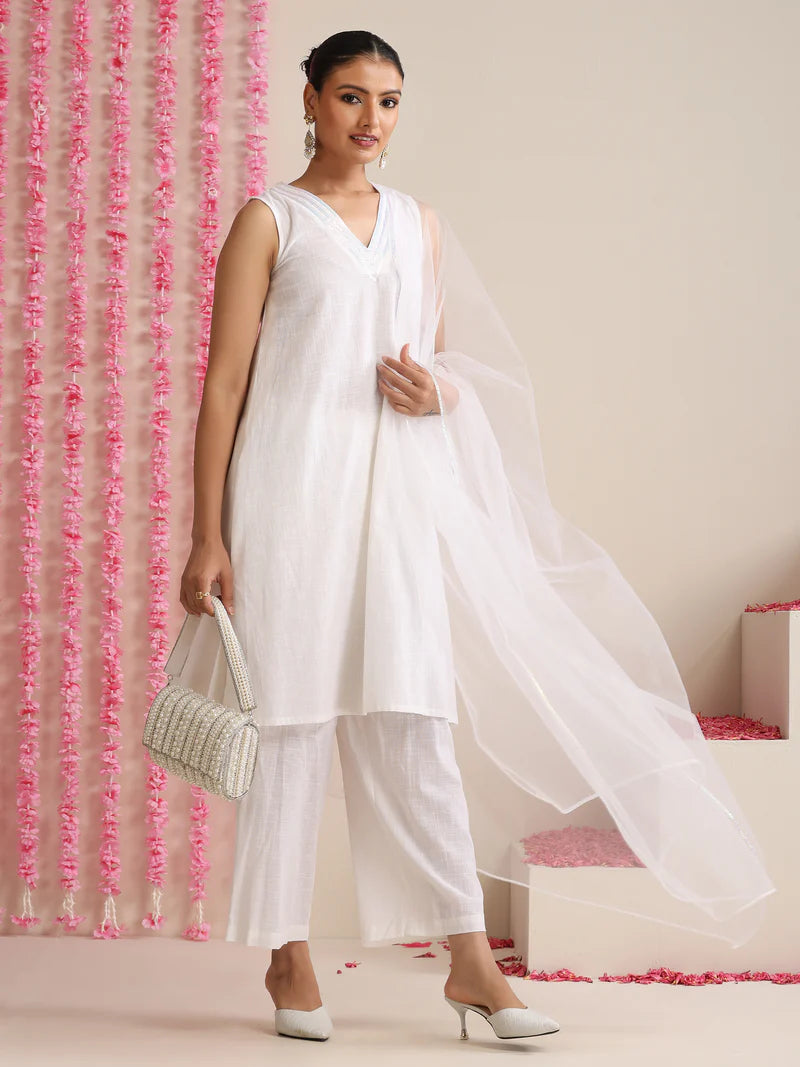 Ruhani Ivory Whisper – Cotton Slub Kurta Pant Dupatta Set