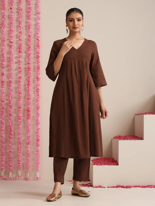 Aarunya Cocoa Calm – Cotton Slub Kurta Pant Set