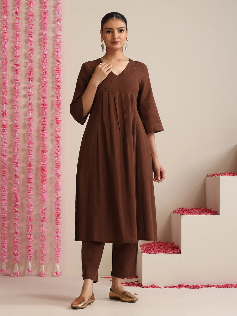 Aarunya Cocoa Calm – Cotton Slub Kurta Pant Set