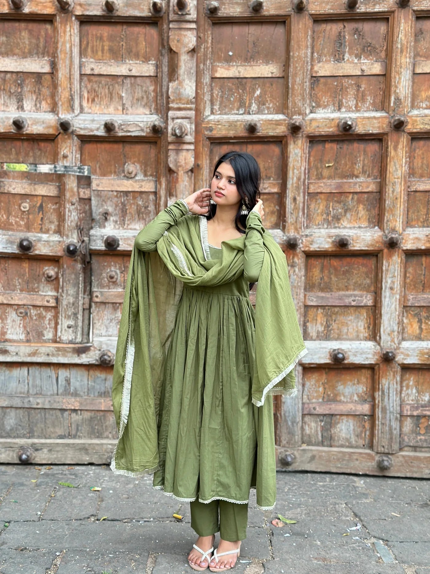 "Dhruvi" - Sage Green Cotton Anarkali Suit Set with Lace