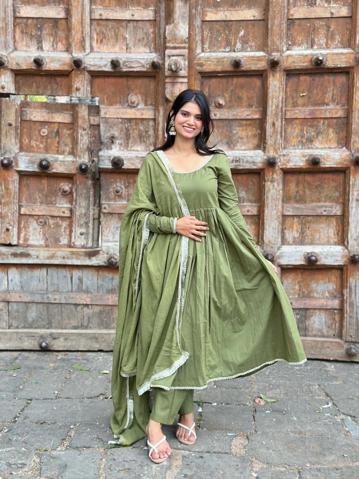 "Dhruvi" - Sage Green Cotton Anarkali Suit Set with Lace