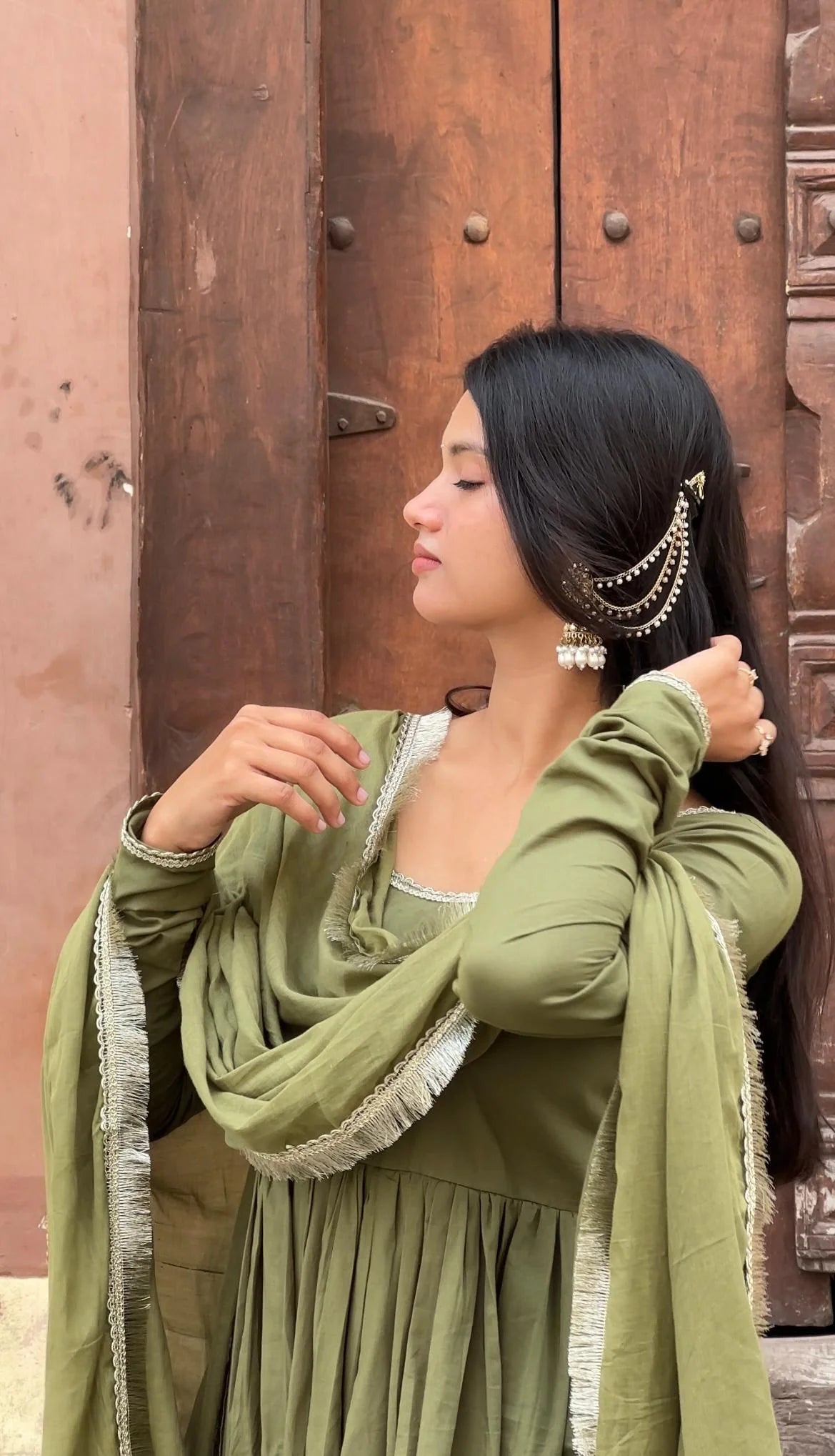 "Dhruvi" - Sage Green Cotton Anarkali Suit Set with Lace