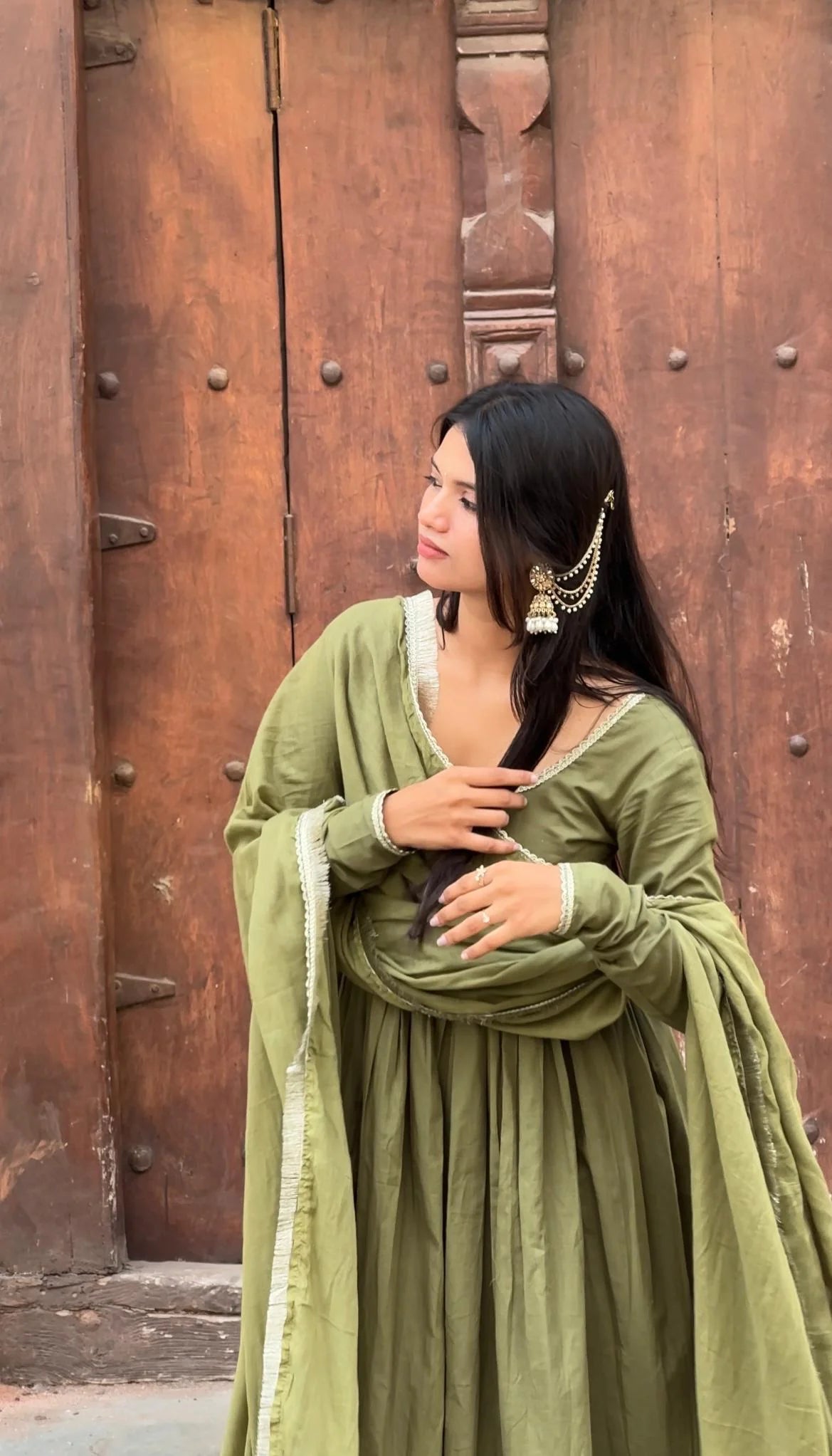 "Dhruvi" - Sage Green Cotton Anarkali Suit Set with Lace