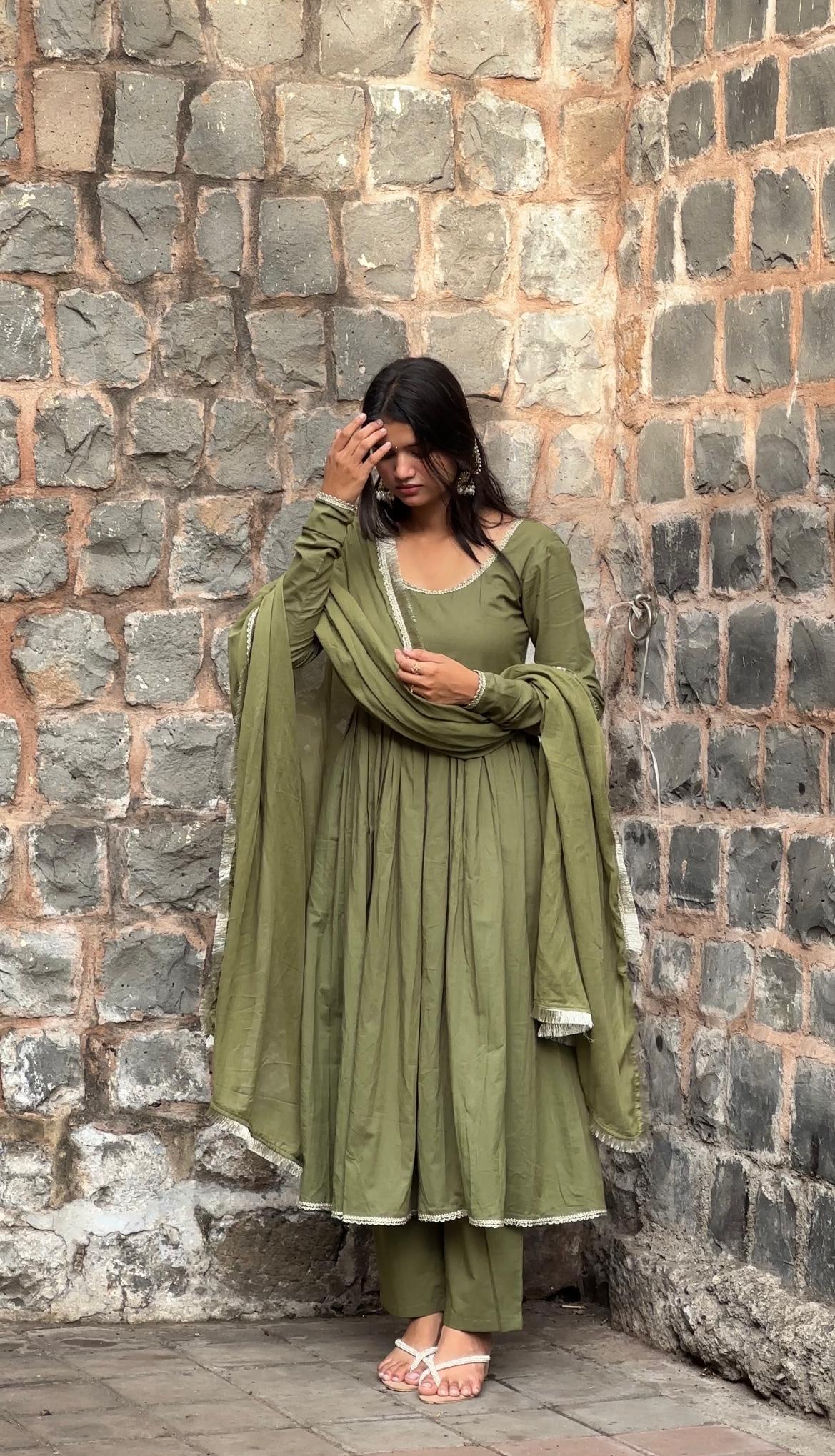 "Dhruvi" - Sage Green Cotton Anarkali Suit Set with Lace