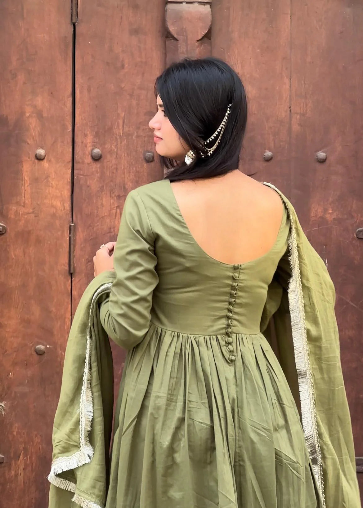 "Dhruvi" - Sage Green Cotton Anarkali Suit Set with Lace