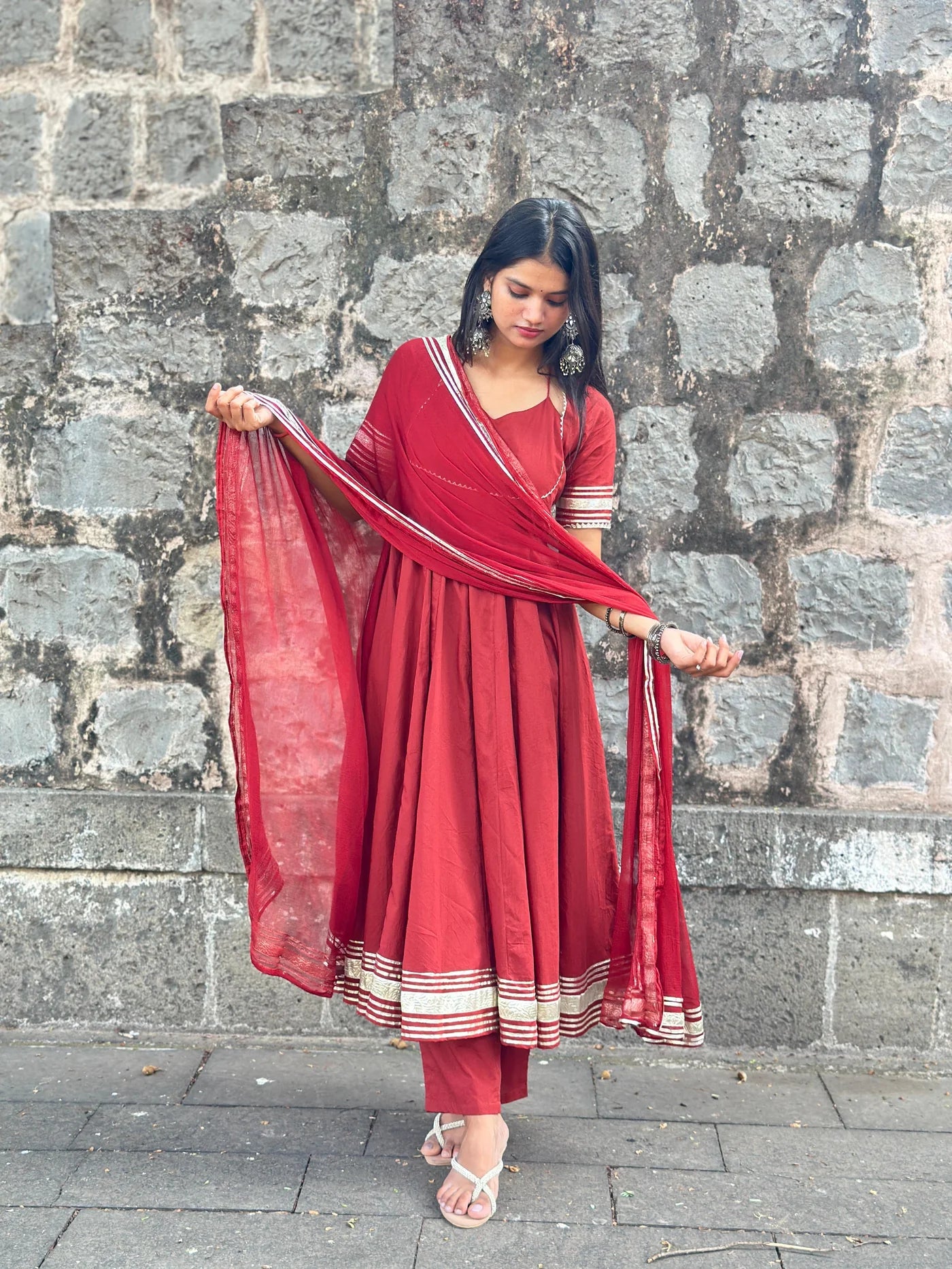 "Aradhana" - Rust Red Gota Border Anarkali Suit Set