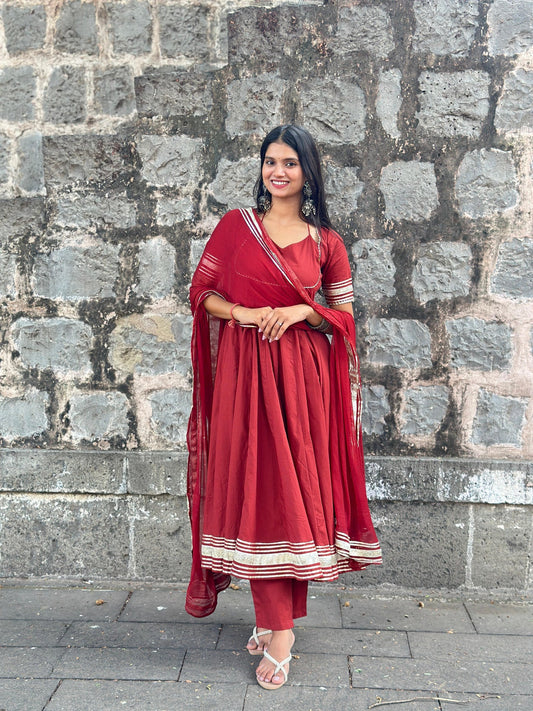 "Aradhana" - Rust Red Gota Border Anarkali Suit Set