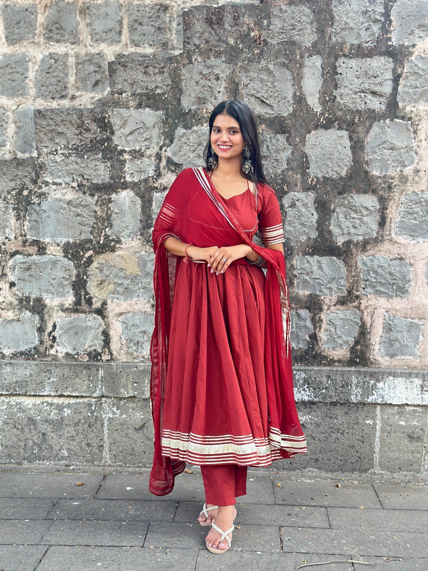 "Aradhana" - Rust Red Gota Border Anarkali Suit Set